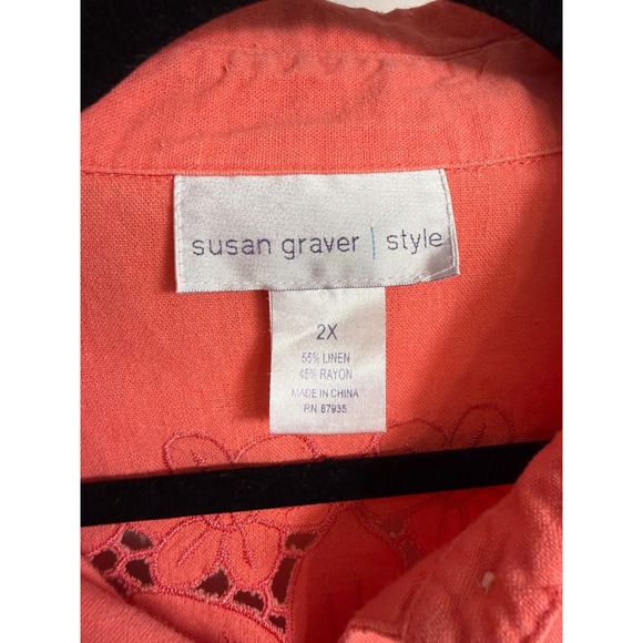 Vtg Susan Graver Style Linen Blend Embroidered Shirt Coral 2X eyelet cottagecore - Picture 2 of 8